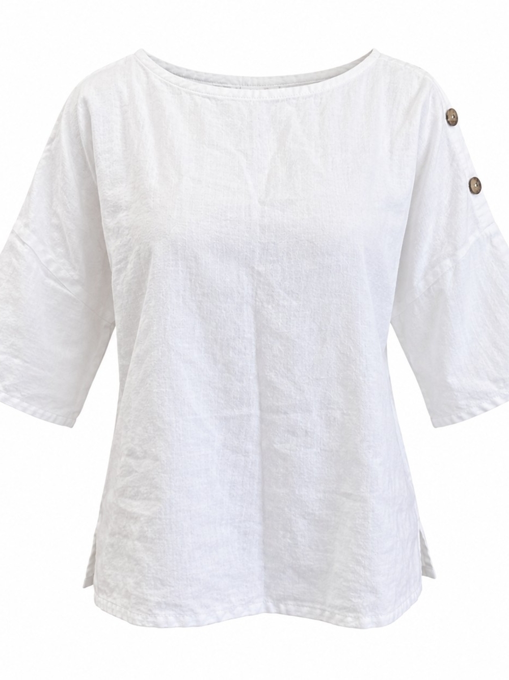 Ellen Tracy White Linen Boatneck Button-Sleeve Tunic